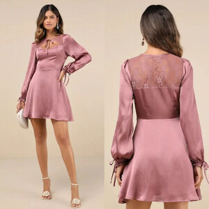 Lulus Consistent Beauty Mauve Pink Lace Cutout Long Sleeve Mini Dress L Wedding